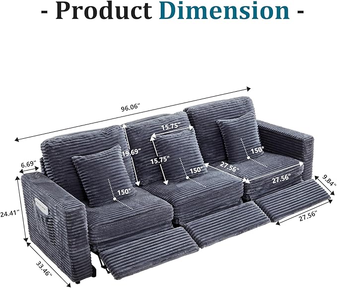 Power Reclining Sectional Sofa, Electric 3 Seat Recliner with 3 Electric Footrest and Adjustable Headrest, Modern Plush Corduroy Fluffy Reclining Sectional with Deep Seat for Living Room-Blue Grey