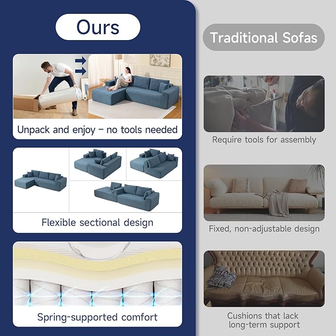 2025 New 108" Cloud Couch Sectional, Modular Sectional Sofa with L-Shaped Chaise, Deep Seat Sectional Modular Couch for Living Room, No Assembly Required (Blue, Left Facing Chaise)