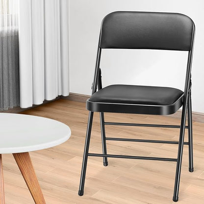 cyclone sound 4 Pack Folding Chairs with PU Padded Cushion and Back, Commercial Grade Metal Chairs with Comfortable PU Leather Cushion for Home and Office, for Indoor and Outdoor Events (4, Black-PU)