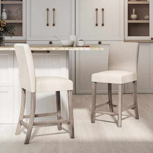 COSTWAY Counter Height Bar Stools Set of 2, 24.5’’ Upholstered Mid Century Modern Island Chairs with Rubber Wood Legs, Wooden Barstools for Kitchen, Dining Room, Bar, Restaurant (Beige)