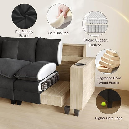 Cloud Couch, Modular Sectional Sofa with Ottoman, Charging Station, Throw Pillows, Cup Holders, Modern Convertible L Shaped Couches for Living Room, Bedroom (Classic Black, 116"- U Shape)