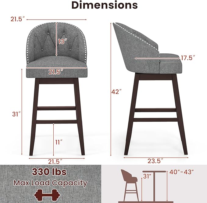 COSTWAY Bar Stools Set of 4, 31’’ Swivel Bar Stools with Rubber Wood Legs & Padded Back, Breathable Linen Fabric, Stylish Tufted Design & Rivet Decoration, Adjustable Foot Pads (4, Grey + Brown)
