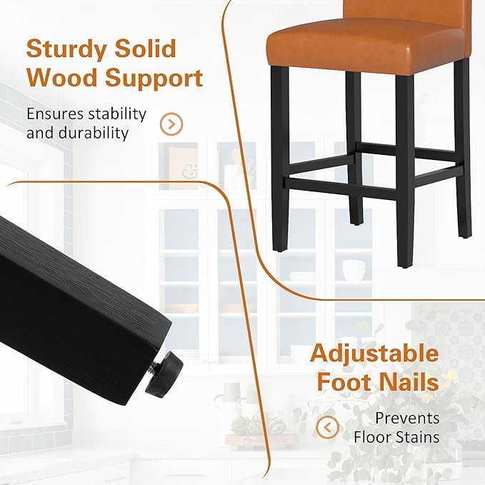 LSSPAID Counter Height Bar Stools Set of 4, 24.8 Inch Upholstered PU Leather Barstools, Modern Kitchen Island Chairs with Backrest and Solid Wood Legs, Light Brown
