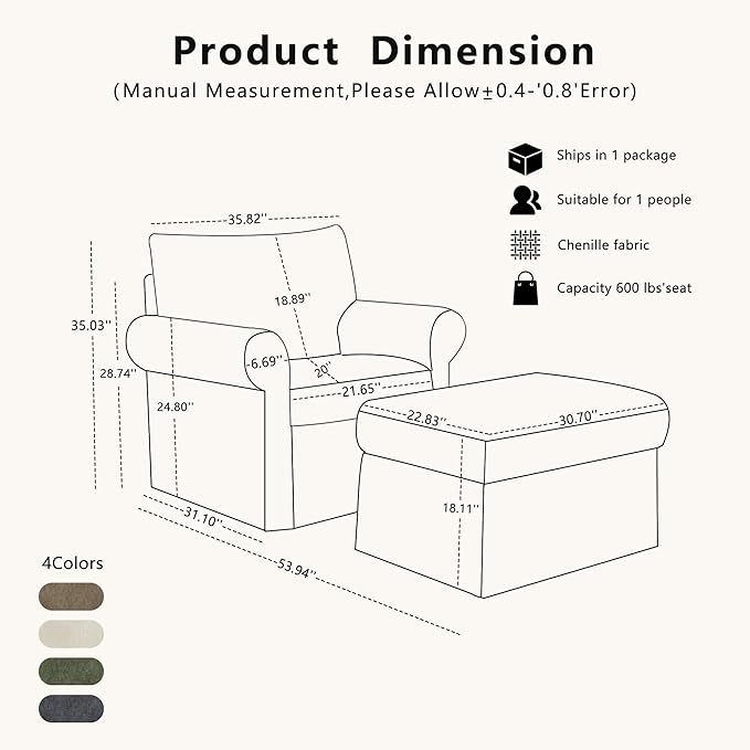 35.82" Accent Chair with Ottoman Upholstered Living Room Chairs for Reading Chair with Chaise Lounge Chairs Indoor, Comfortable Armchair for Bedroom (Brown, 35.82")