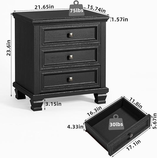 Farmhouse Nightstand with 3 Drawers, Rustic Couch End Table with 4 Square Solid Wood Legs, Mid-Century Modern Bed Side Table with Storage, Small Dresser for Bedroom, Living Room, Black