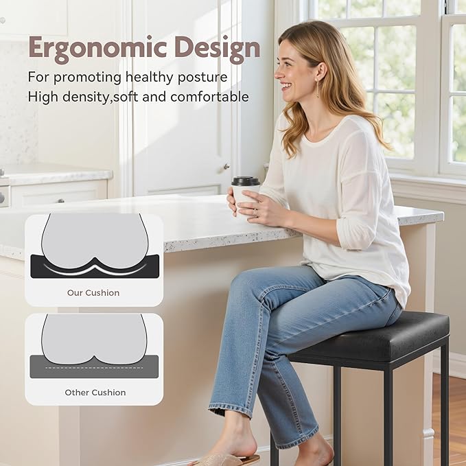 ALPHA HOME 24 Inch Counter Height Bar Stools Set of 4, Upholstered Bar Stools for Kitchen Island, Counter Stools with Faux Leather Cushion and Sturdy Metal Frame, Modern Barstools, Black