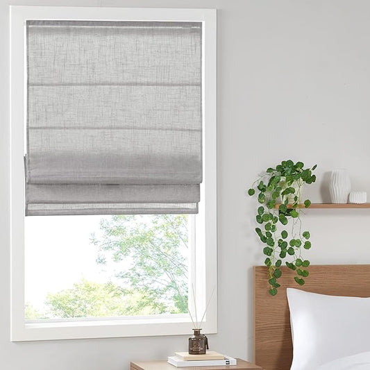 Madison Park Kyler Cordless Roman Shades - Single Panel, Lightweight Linen Blend Fabric, Natural Design, Easy Installation, Light Filtering Window Blind, Bedroom, Living Room Decor 27" W x 64" H Grey