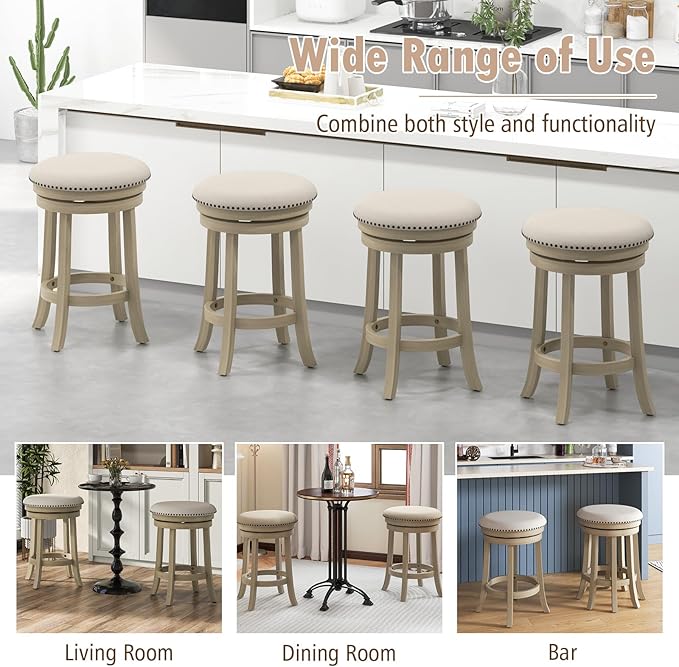 COSTWAY 360° Swivel Bar Stools Set of 4, 26.5-inch Height Upholstered Round Barstools with Wooden Frame, Seat and Footrest, Backless Solid Wood Counter Stools for Kitchen Island Bistro Pub, Beige