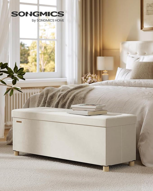SONGMICS Storage Ottoman Bench, Folding Storage Chest, 15 x 43.3 x 15.7 Inches, Foot Rest Stool, 30 Gal. (112 L), Velvet Surface, for Bedroom, Entryway, Living Room, Cappuccino Beige ULSF0518W02