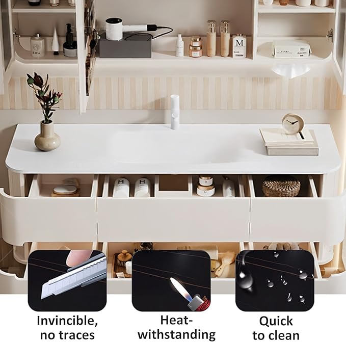 44IN Bathroom Vanity - Bathroom Vanity with Sink with Intelligent Induction Light | Wall-Mounted Bathroom Vanity with Intelligent LED Mirror Cabinet & 6 Drawers, Cream Color