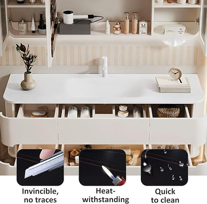 68IN Bathroom Vanity - Bathroom Vanity with Sink with Intelligent Induction Light | Wall-Mounted Bathroom Vanity with Intelligent LED Mirror Cabinet & 6 Drawers, Cream Color