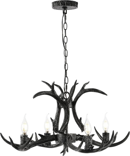 JONATHAN Y JYL6301D Eldora 26" Adjustable Resin Antler 4-Light LED Chandelier, Black for Living Room, Dining Room