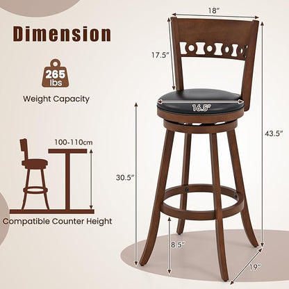 COSTWAY Bar Stools Set of 2, 30.5” Bar Height Bar stools with Solid Wood Legs, Cushioned Seat, Footrest, for Home, Kitchen Island, Bar (2, 30.5'' Seat Height)