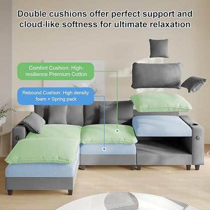 Cloud Couch, Modular Sectional Sofa with Ottoman, Charging Station, Throw Pillows, Cup Holders, Modern Convertible L Shaped Couches for Living Room, Bedroom (Grey, 116"- L Shape)