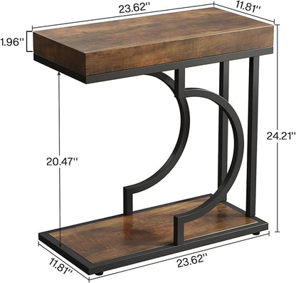 Tribesigns Narrow Side Table Brown Black C Shaped End Table Modern Bedside Tables for Couch, Small Sofa Tables with Metal Frame for Living Room (1, Brown+Black)