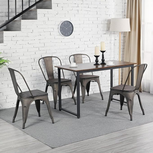 Yaheetech Metal Dining Chairs with Wood Seat/Top Stackable Side Chairs Kitchen Chairs with Back Indoor-Outdoor Classic/Chic/Industrial/Vintage Bistro Cafe Trattoria Kitchen Gun Metal, Set of 4