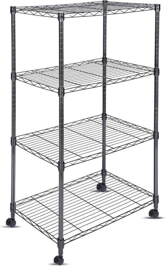 Whitmor 4 Tier Shelving Unit, Adjustable Storage Shelves with Wheels, Wire Shelving, 400 lbs Capacity per Shelf, Max 1600 lbs Total for Laundry, Kitchen, Garage, 24" L x 14" W x 47" H, Black