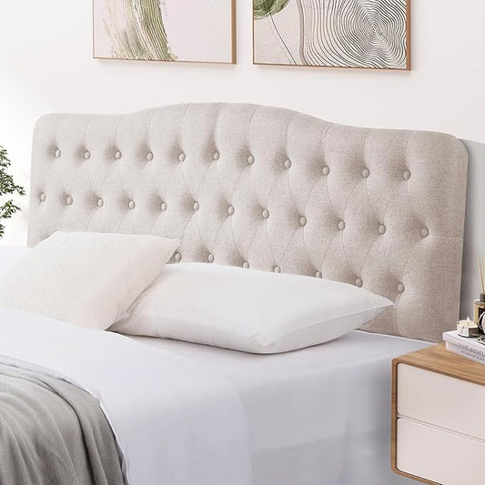 Upholstered Twin Headboard, Button Diamond Tufted Headboards with Adjustable Height and Solid Wood Leg, Linen Fabric Padded Headboard for Twin Size Bed, Mordern Head Board, Beige