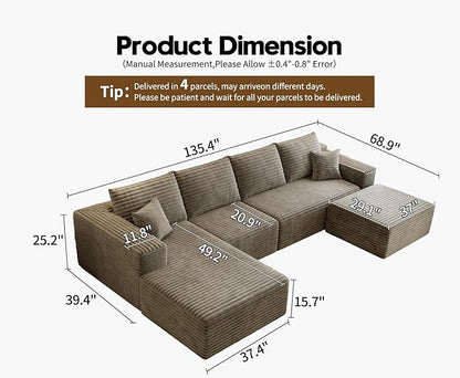 135.4" Cloud Sectional Couch with 1 Ottoman,Modern Modular Sofa with Deep Seat, Comfort U Shaped Sofa Couches for Living Room Bedroom Apartments,No Assembly Required, (Camel,Left Facing Chaise)