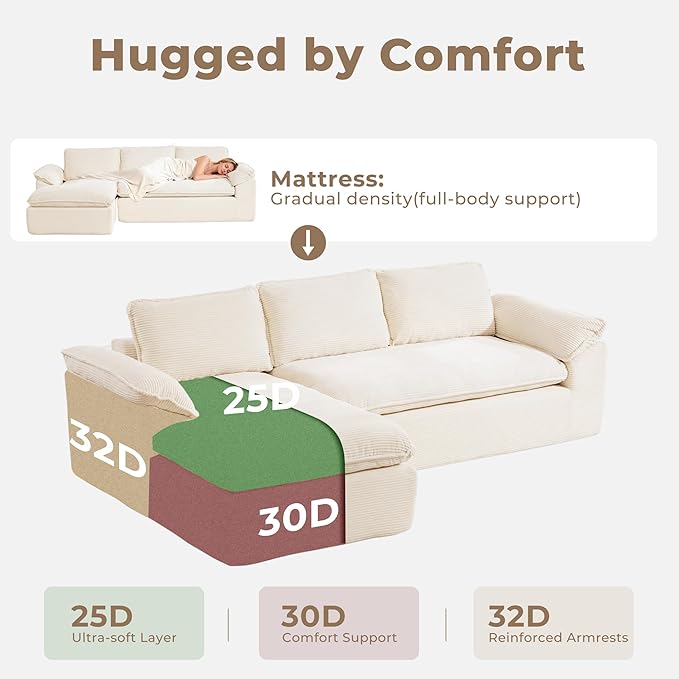 Modular Sectional Sofa, 107.5" L-Shaped Boneless Couch with Deep Seat, Modern Minimalist Upholstered Cloud Sectional Couch for Living Room Bedroom, No Assembly Required, Beige Corduroy