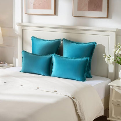 FUTEI Teal Velvet Decorative Throw Pillow Covers 20x20 Set of 2,Soft Cozy Edge with Tassels Cushion Case,Boho Modern Home Decor for Couch Bed Living Room