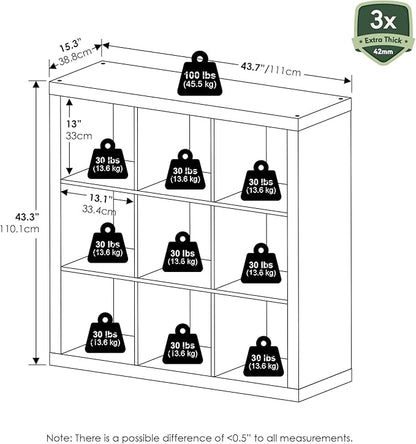 Furinno Cubicle Book Shelf, 9-Cube Bookshelf, Triple Thick Frame Cube Storage Organizer, Bookcase, 15.4 x 43.8 x 43.4, for Home Office, Living Room, Black Oak