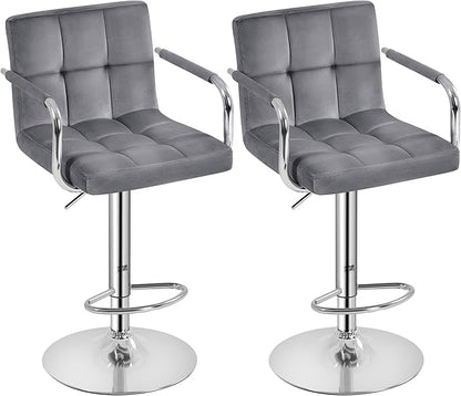 Yaheetech Counter Height Bar Stools Set of 2 Velvet Swivel BarStools for Kitchen Stool Height Adjustable Counter Stool Barstools with Armrest, Velvet, Grey