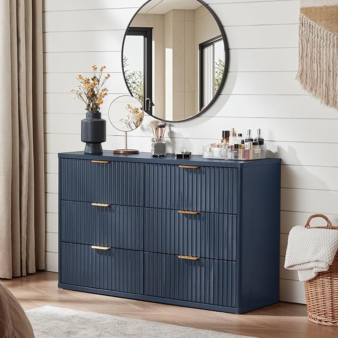 LEYAOYAO Fluted 6 Drawers Dresser Set of 2, 48" Wide Modern Chest of Drawers with Wood Grain Top, Curved Profile Design, Dresser TV Stand, Wooden Drawer Organizer for Bedroom, Living Room,Hallway,Blue