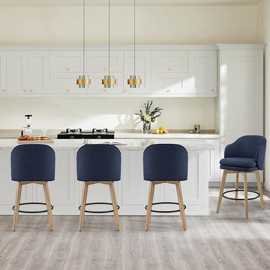 Counter Height Barstools 26 inch Upholstered Swivel Bar Stools with Back and Wood Legs for Kitchen Island,Set of 1,Blue Fabric