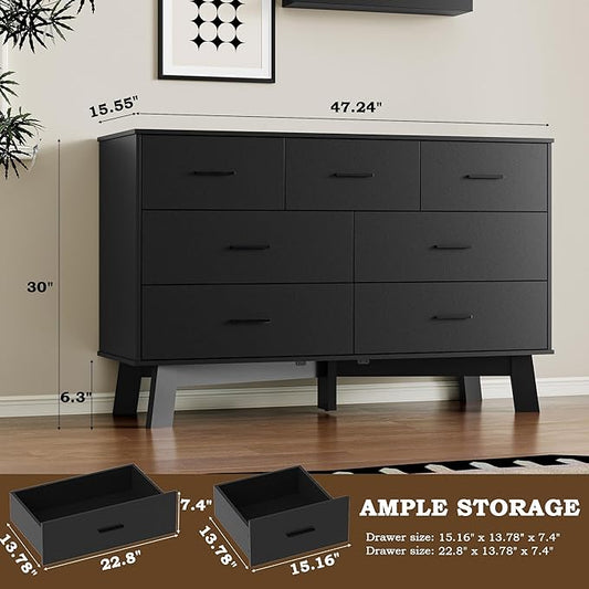 Dresser for Bedroom with 7-Drawer, 47.2" Wide Modern Chest of Drawers with Metal Handles, X-Shape Base & Adjustable Center Leg, Anti-Tip Closet Organizers and Storage