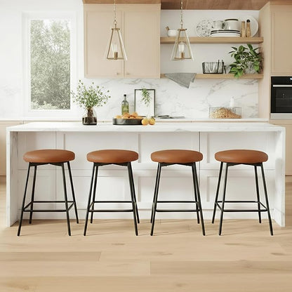 Swivel Bar Stools Set of 2, 24" Counter Height Bar Stool, Backless Barstools with Faux Leather Upholstered Seat&Sturdy Wood Legs for Kitchen Island, Brown