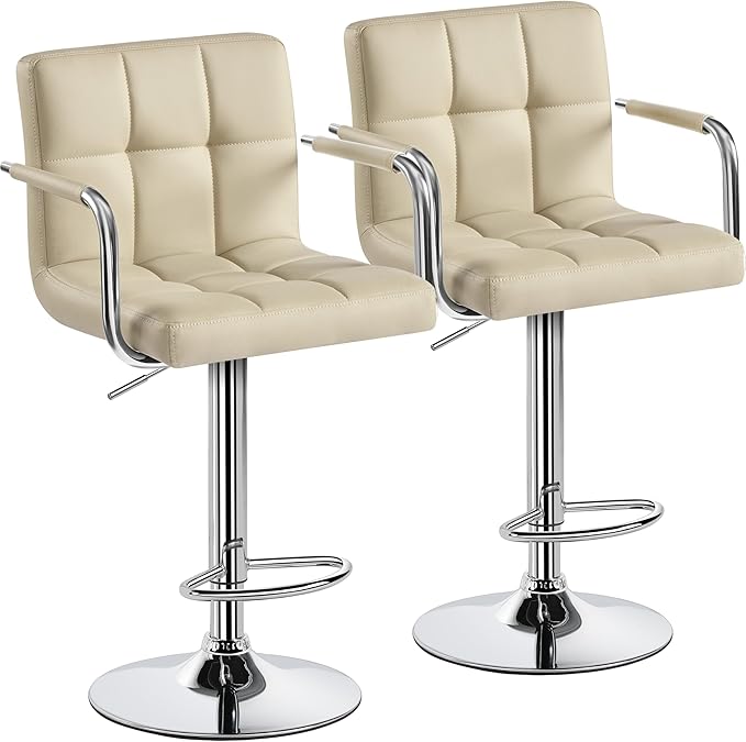 Yaheetech Bar Stools Set of 2, PU Leather Adjustable Swivel Barstools, Hydraulic Kitchen Counter Height Chairs with Armrest and Back for Kitchen, Dining Room, Khaki
