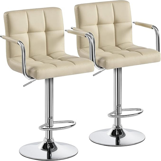 Yaheetech Bar Stools Set of 2, PU Leather Adjustable Swivel Barstools, Hydraulic Kitchen Counter Height Chairs with Armrest and Back for Kitchen, Dining Room, Khaki