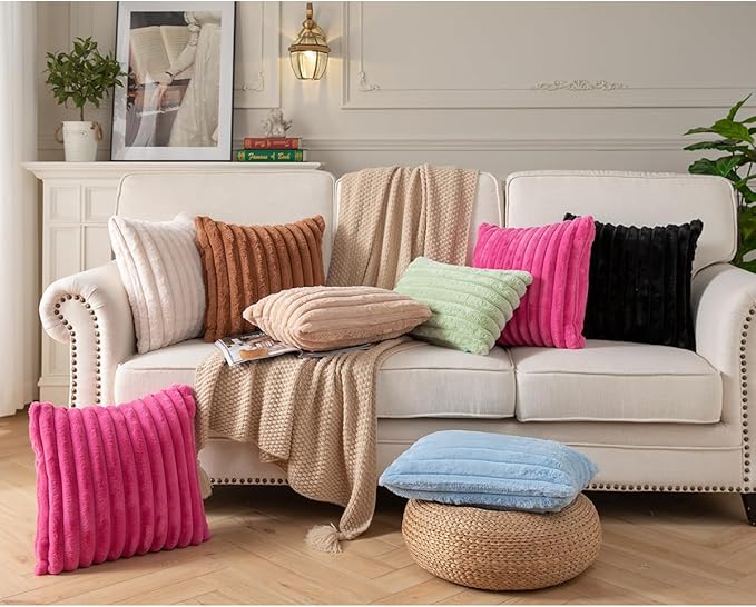 DEELAND Pack of 2,Double-Sided Faux Fur Plush Decorative Throw Pillow Covers Fuzzy Striped Soft Pillowcase Cushion Covers for Sofa Couch Bedroom Black 20x20 inch