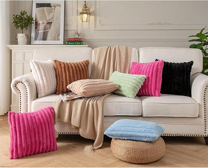 DEELAND Pack of 2,Double-Sided Faux Fur Plush Decorative Throw Pillow Covers Fuzzy Striped Soft Pillowcase Cushion Covers for Sofa Couch Bedroom Black 24x24 inch