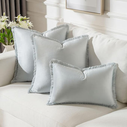 FUTEI Light Blue Velvet Decorative Throw Pillow Covers 24x24 Set of 2,Soft Cozy Edge with Tassels European Cushion Case,Boho Modern Home Decor for Couch Bed Living Room