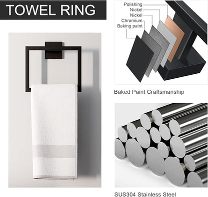 5-Piece Matte Black Bathroom Accessories Set, SUS304 Stainless Steel Wall Mounted 16 Inch Hand Towel Bar, Toilet Paper Holder, Towel Ring, Towel Hooks, Bathroom Hardware Set, Towel Bar Set