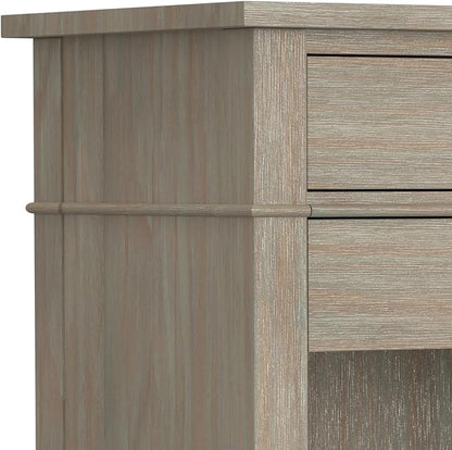 SIMPLIHOME Carlton Bedside Table - 24 inch Wide Solid Wood Nightstand Table in Distressed Grey, Transitional Bedroom Side or End Table with 2 Drawers, Open Storage Shelf and Bronze Hardware