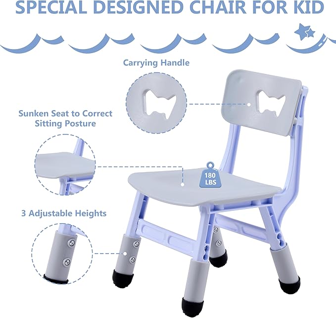Kids Table & Chairs Set (2 Chairs), Height Adjustable Toddler Table and Chair Set for Kids Ages 3-8 with Graffiti Desktop, Learning & Art Activity Desk for Classroom, Home, Daycare (Grey)