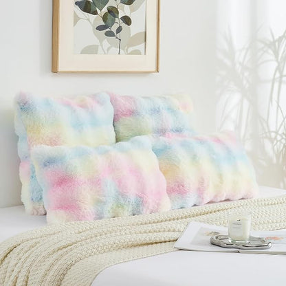 FUTEI Rainbow Decorative Throw Pillow Covers 12x20 Inch Set of 2,Soft Fuzzy Faux Rabbit Fur Pillow Case with Raised Texture,Neutral Boho Home Decor for Couch Bed Living Room
