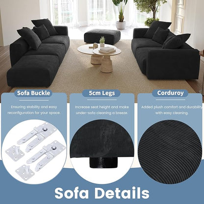 WJShome Cloud Couch Modular Sectional Sofa,181.1inch U Shaped Couch,Oversized Corduroy Couches with Ottoman and 6 Pillows,Black 6 Seater,Cushion Covers Removable& Washable
