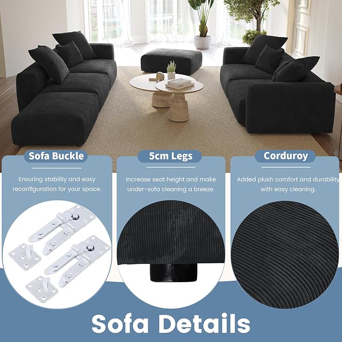 WJShome Cloud Couch Modular Sectional Sofa,141.73inch L Shaped Couch,Oversized Corduroy Couches with Ottoman and Pillows, Black 4 Seaters Cushion Covers Removable& Washable