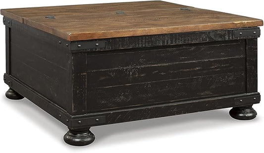 Signature Design by Ashley Valebeck Lift Top Coffee Table, Storage, Split-top Design, Wood, 36" W x 36" D x 18" H, 2-tone Distressed Brown & Black Finish