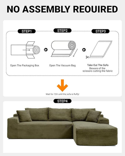 95 Inch Cloud Sectional Couch,Modular Sectional Sofa with Deep Seat,Modern Corduroy Boneless Couches with L-Shape Chaise for Living Room Bedroom,No Assembly Required (Green, Right Facing Chaise)