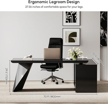 homary 70.9" Modern L-Shape Executive Desk Set, Home Office Desk with Home Office Executive Chair, Drawers & Cabinet Modern Computer Desk for Home Business Furniture, Black, Right Hand