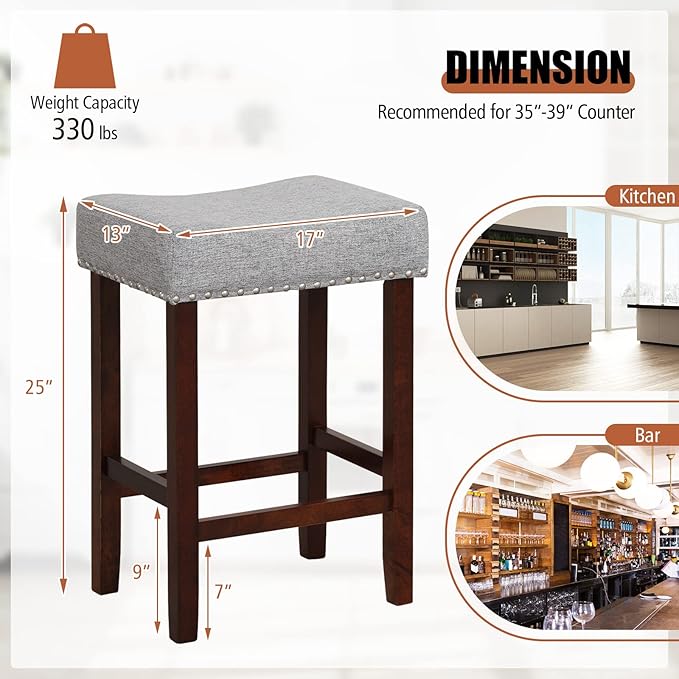 COSTWAY Counter Height Bar Stools Set of 4, 25-inch Backless Saddle Stools with Nailhead Trim, Rubber Wood Frame, Footrest, Max Load 330 Lbs, Upholstered Barstools for Kitchen Island Pub, Grey