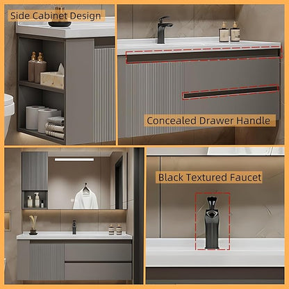 48IN Suspended Bathroom Cabinet Combo Set - Fully Functional LED Mirror with Smart Defogging & Time Display | Bathroom Vanity with Sink,Side Cabinet Storage Compartment (Style A)