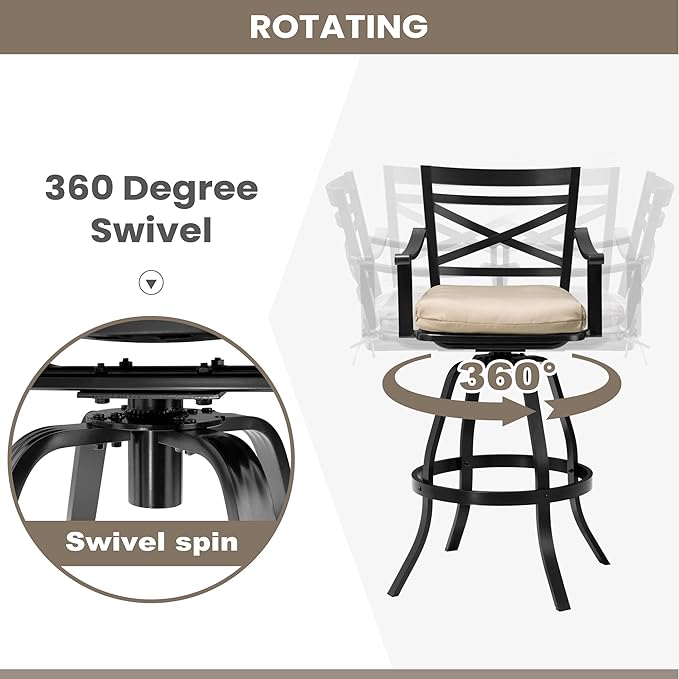 Pellebant 4 Pack Sunbrella Outdoor Bar Stools 30", Aluminum Swivel Patio Bar Height Bar Stools with Footrest and Backrest, for Deck Lawn Garden(Canvas Antique Beige)