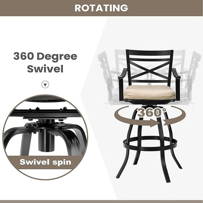 Pellebant 30" Sunbrella Outdoor Bar Stools Set of 2, Aluminum Swivel Patio Bar Height Bar Stools with Back & Footrest, Tall Patio Stool Chairs for Deck Lawn Garden,Beige