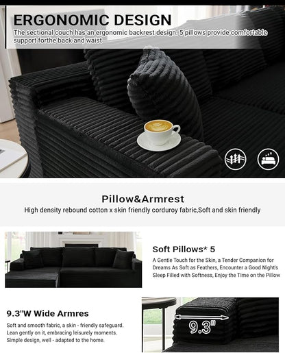 Cloud Sectional Couch, Corduroy Modular Sectional Sofa with L-Shape Chaise, Modern Boneless Couch Comfy Deep Seat for Living Room, Bedroom, Apartment, No Assembly (Black, Right Facing Chaise)